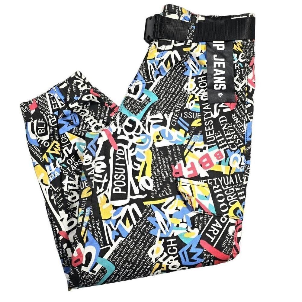 VIP Jeans Faux Cargo Joggers‎ Womens Sz 7 Urban Graffiti All Over Print Gorpcore